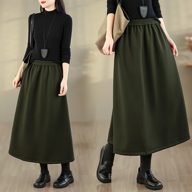 

Retro een Woolen Skirt Women's Autumn Winter Loose Elastic Waist A-Line Skirt Slimming Mid-Length Casual Sle