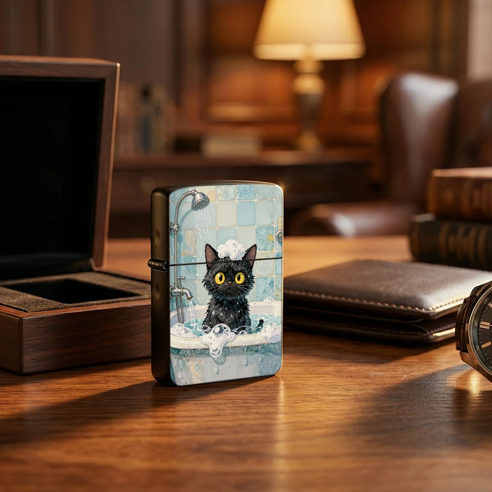 Flip Top Lighter Cute Black Cat Taking Bath Bubble Watercolor Art Pattern lighters vintage lighters for smokers Collectible Gift