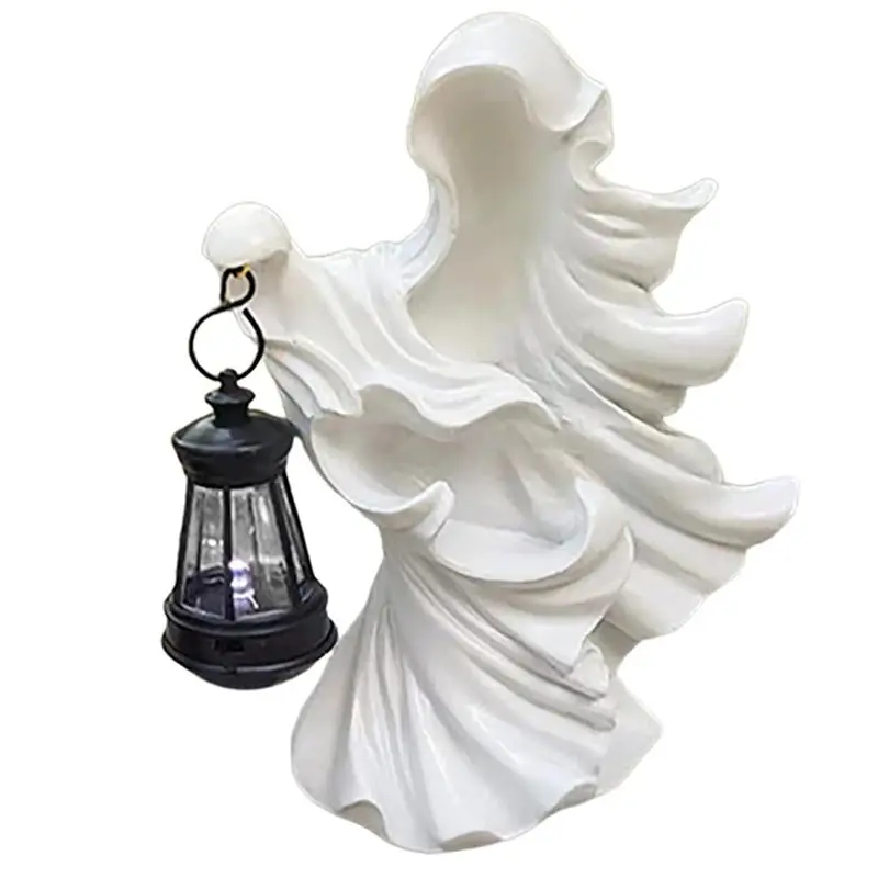 A69eghost Halloween Witch Energy Saving Resin Ornament Statue With Lantern For Garden Courtyard Decoration