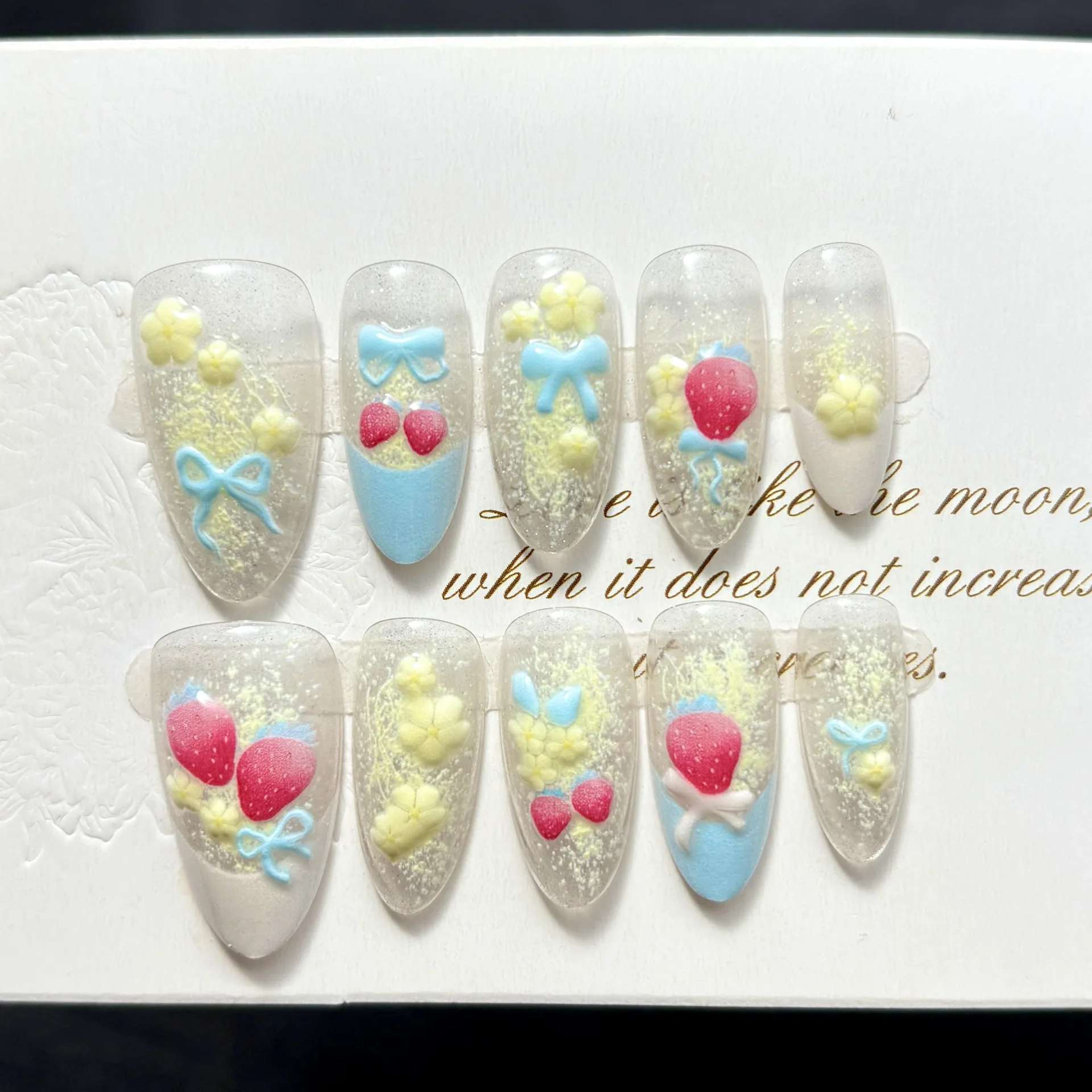 

10pcs Cat's Eye False Nails Tips with Flower Design Long Almond Fake Nail Strawberry Bow Pattern Press on Nails French Manicure