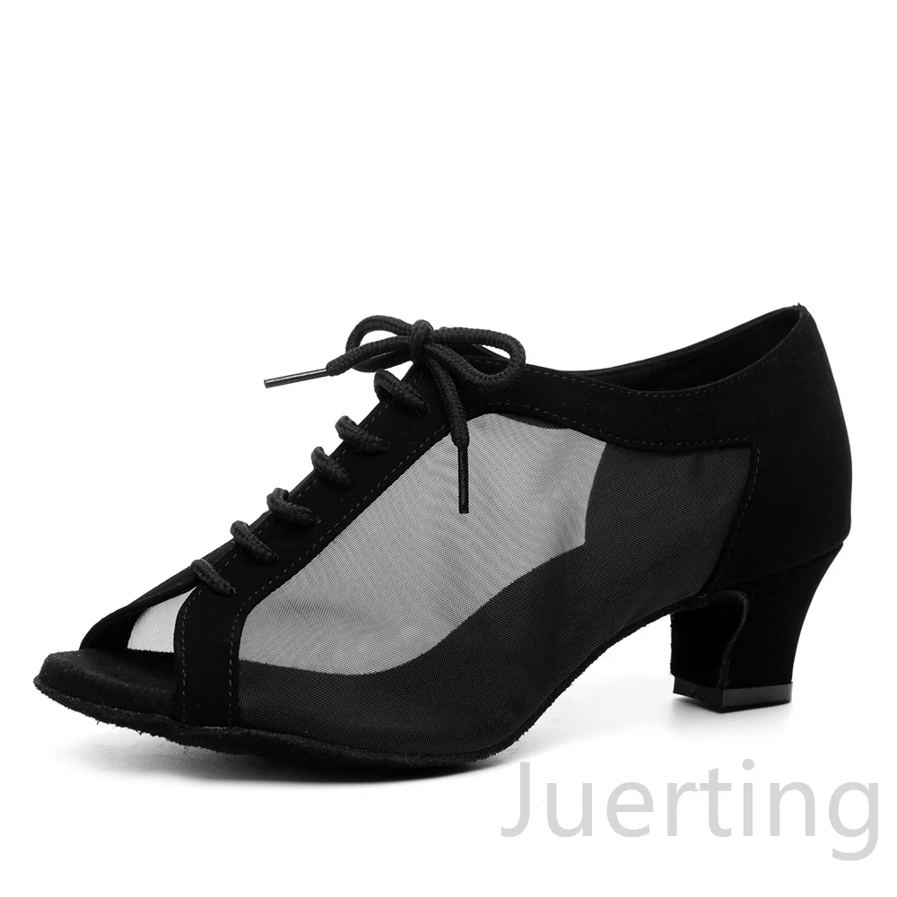 Chaussures de danse latine, chaussures de spectacle de danse latine, talons bas, semelle souple en daim, bottes de danse cha cha en maille,