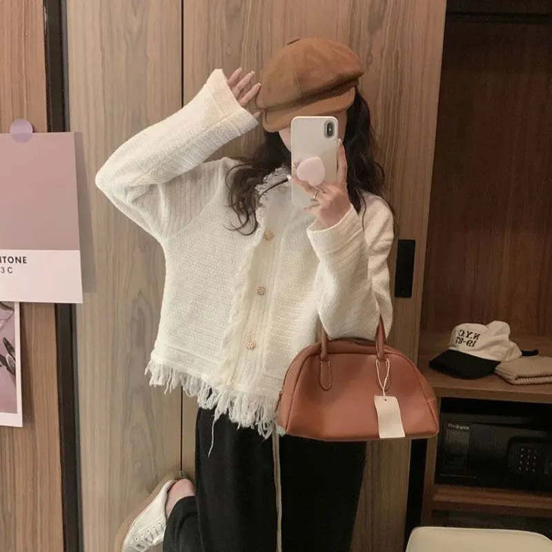 Stylish Tassel Loose Knitted Sweaters Female Clothing Casual Solid Color Autumn Winter O-Neck Commute Single-breasted Cardigan