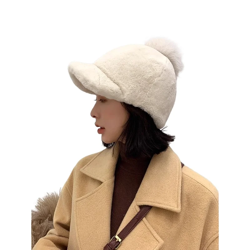 

Korean version of the whole leather Rex rabbit hair knight hat lady sweet cute fox hairball winter warm fur cap
