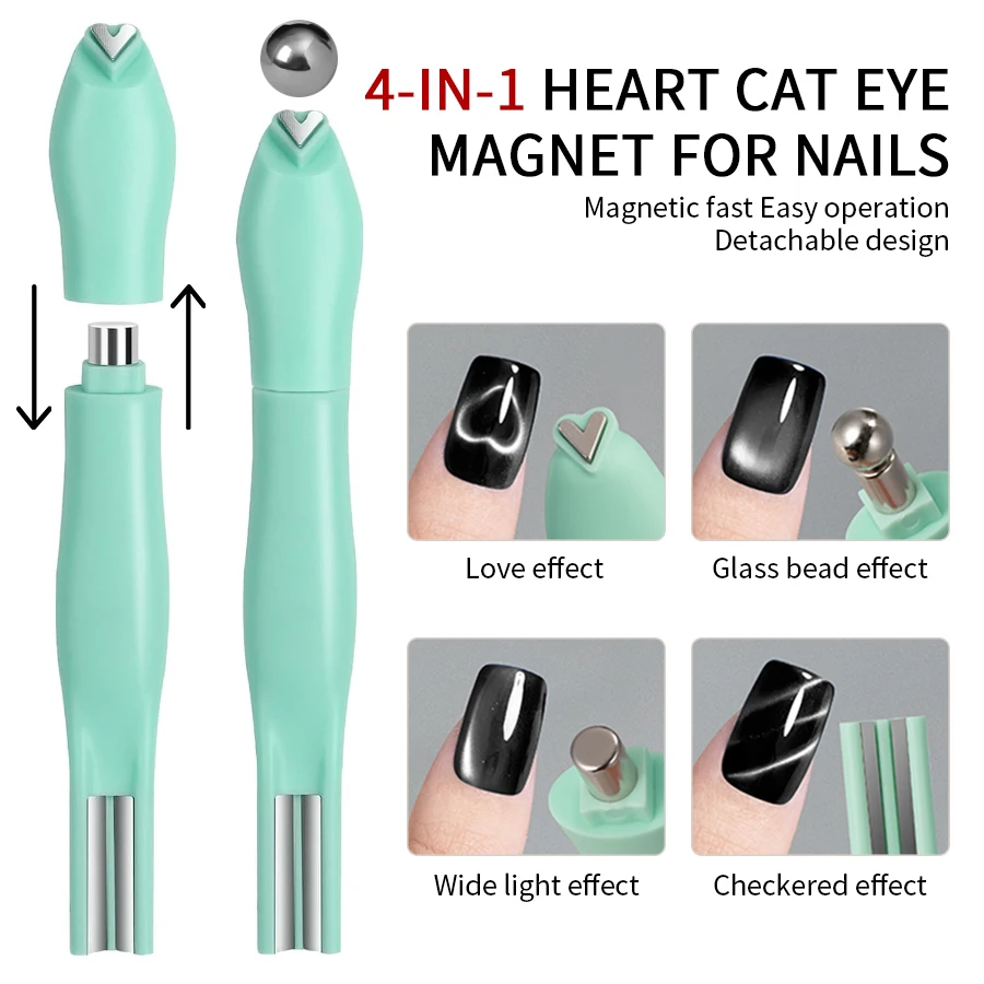RSNAIL 4 en 1 aimant pour ongles œil de chat 3D amour coeur aimant pour ongles outil vert multifonctionnel bâton magnétique pour bricolage Gel polissage