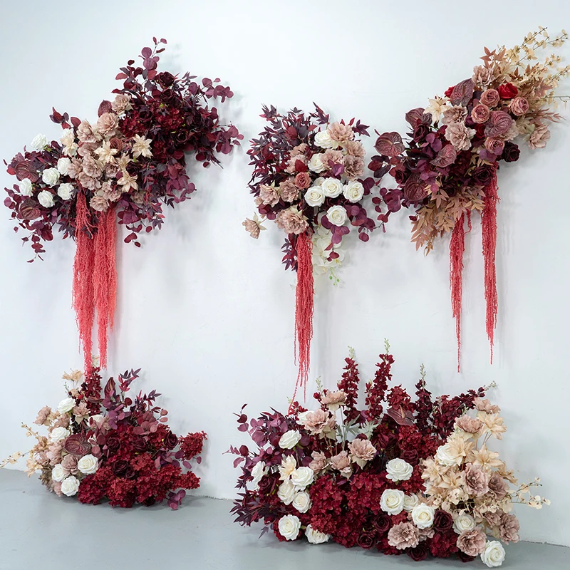 

Decorative Artificial Floral Arrangements Red Burbundy Rose Flowers for Wedding Backdrop Kt Board Decor Home Hanging Flowers