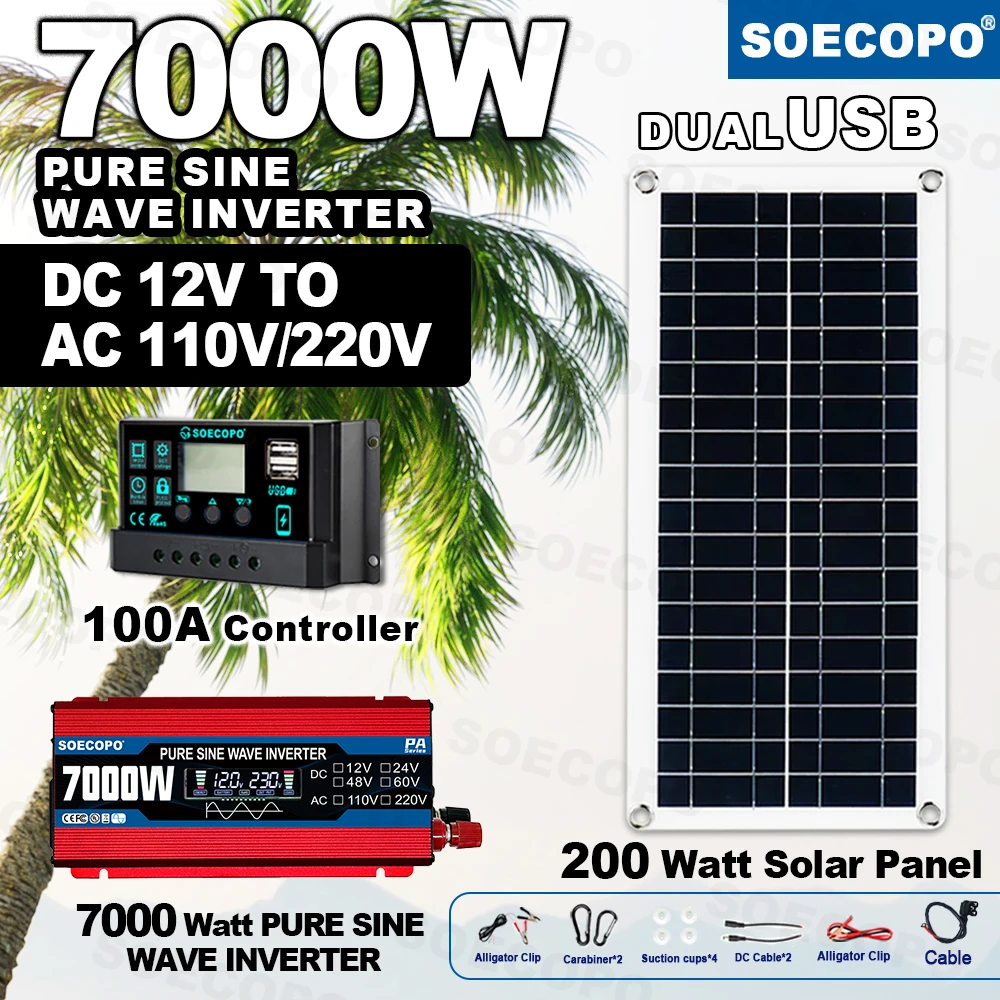 

SOECOPO 7000W Pure Sine Wave Inverter 12V To 110V/220V Full Portable Solar System Kit 200W Panel 100A Controller Camping Home