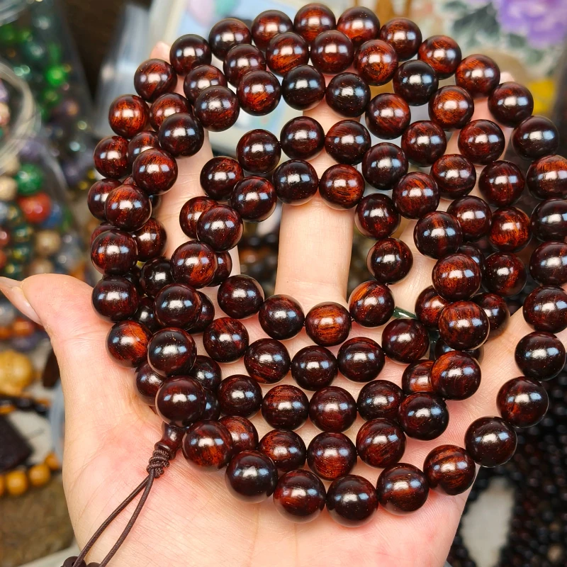 Natural Small Leaf Red Sandalwood 108 Beads Traditional Chinese Style Mala Bracelet Lucky Blessing Good Fortune Spiritual Medita