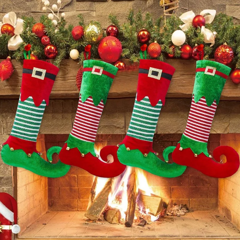 2pcs/set Christmas Stockings with Bells Letters Elf Socks Polyester Ornaments for Xmas Tree Decor Gift Hanging