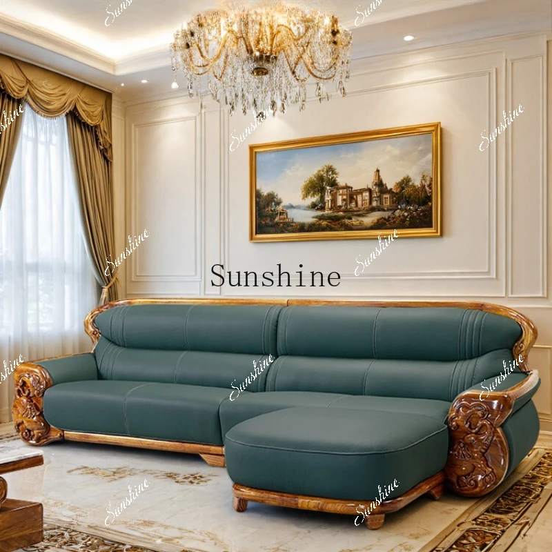 Ebony first-layer cowhide straight row pedal one-character small apartment solid wood sofa  FT