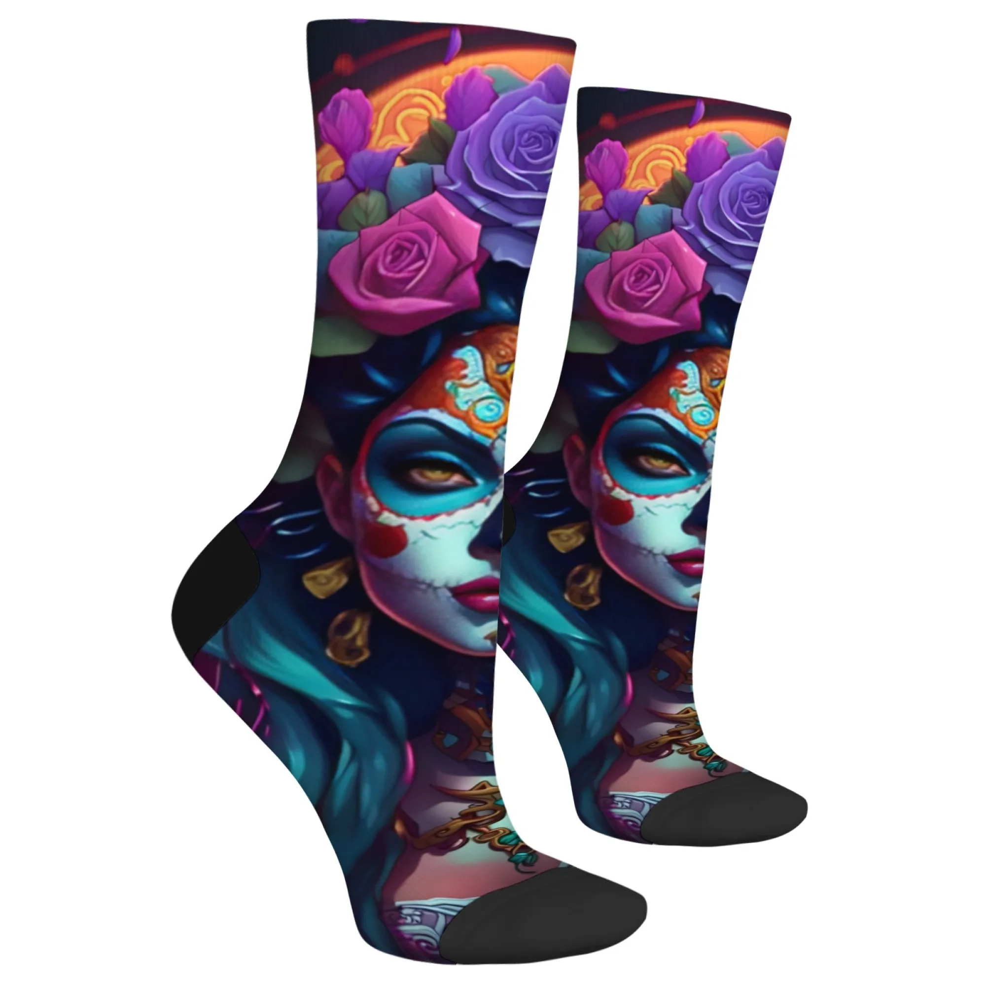 Day of The Dead Style Female Image Crew Socks with Sugar Skull Makeup & Rose Decoration Festive Cultural Celebrations Gift