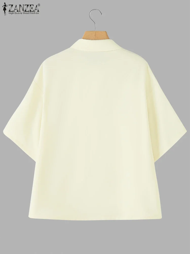 Camicie da lavoro OL da donna Bottoni asimmetrici Top ZANZEA 2025 Tunica casual Fahion Tinta unita Mezza manica Colletto rovesciato Blusas