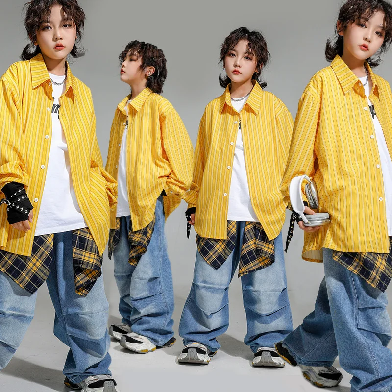 

Child Performance Stage outfits teen boy girl Jazz hip-hop street dance clothes set striped shirt+jeans 2pcs kid Tracksuits 4-16