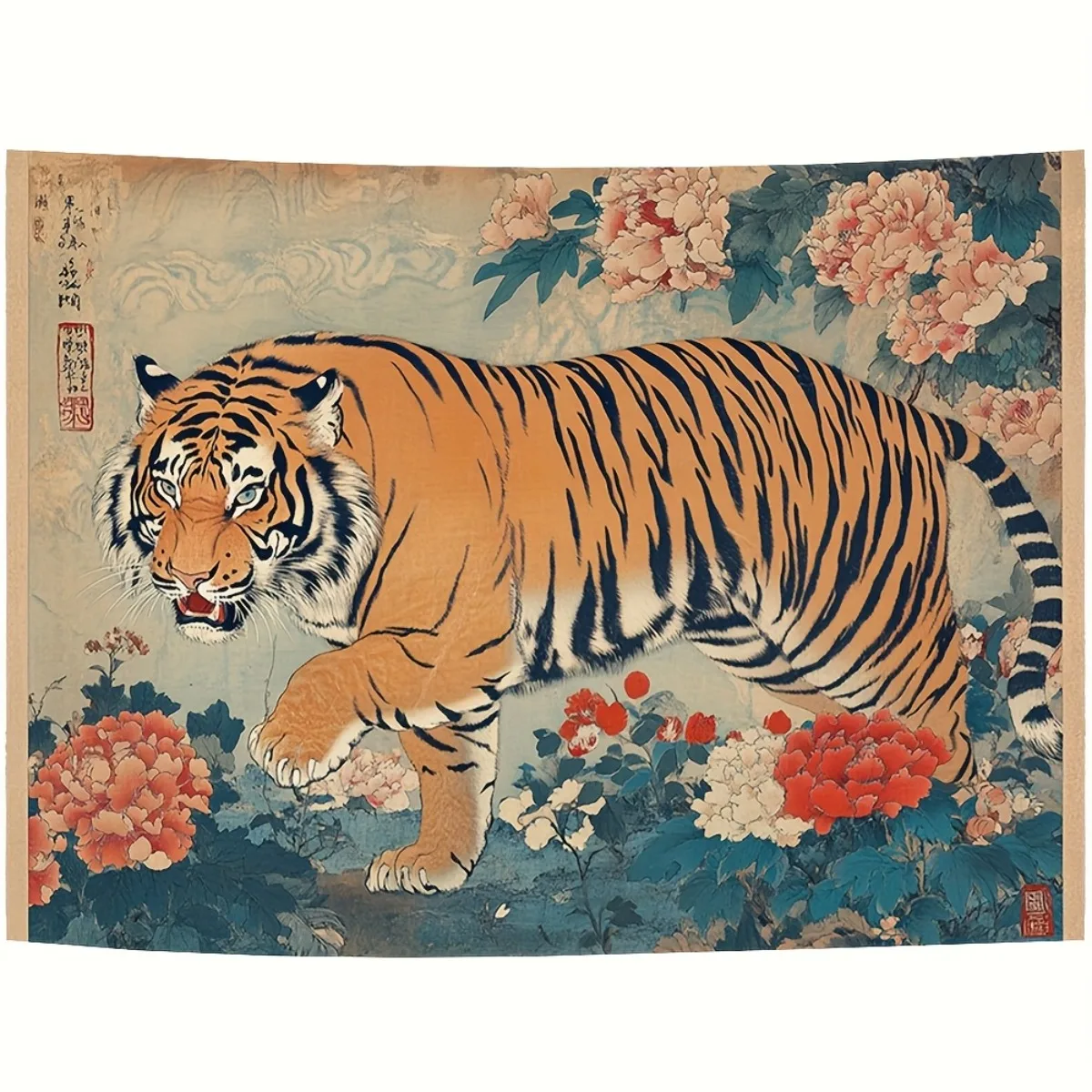 1 grande tapisserie inspirée de l'art de Hokusai, motif japonais Ukiyo-e Tigre et fleurs, décoration murale pour la maison, les fêtes et les événements