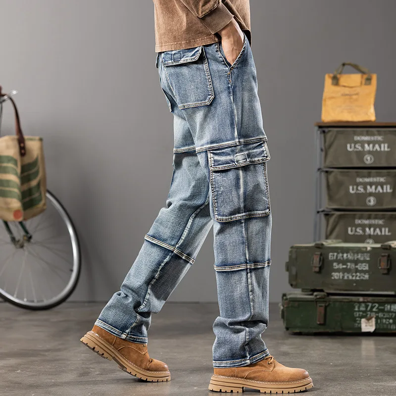 

Men's Baggy Jeans Loose Straight Tube Multi Pocket Workwear Denim Pants For Men With Wide Legs Plus Size 44 Trousers Bottoms