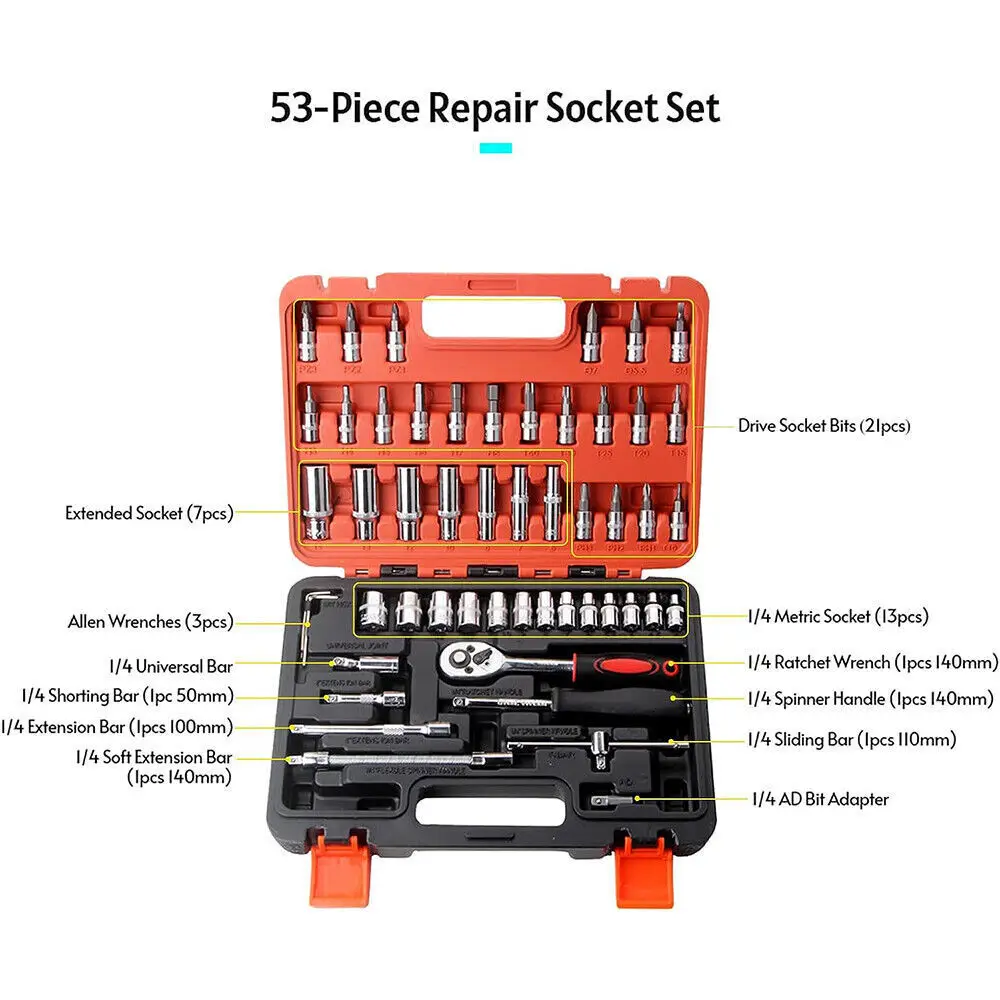 53PCS Ratchet Torque Wrench Kit Hand Repair Tools For Car 1/4