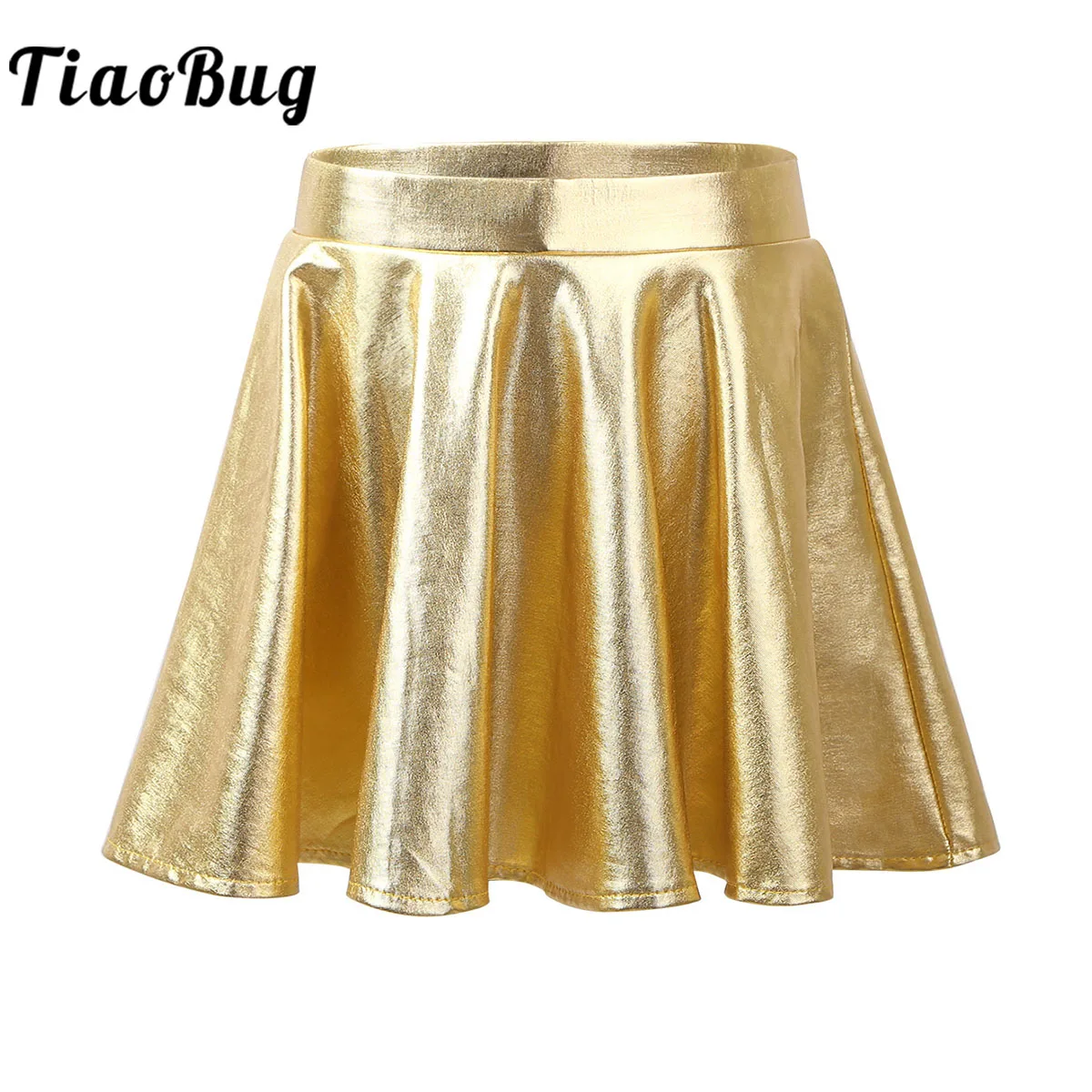 

Kids Girls Glossy Metallic Mini Skater Skort PVC Leather Shiny Rave Outfit Elastic Flared Pleated A-Line Stage Performance Skirt