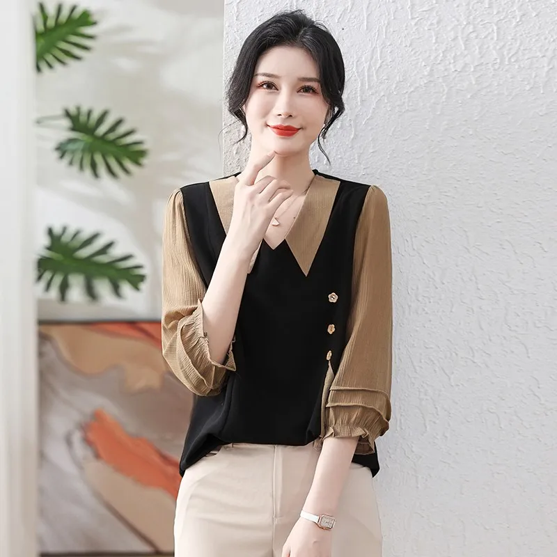 Fashion Patchwork Button Elegant T Shirt Spring Autumn Korean V Neck Long Sleeve Loose Tunic Tops Women's Clothing