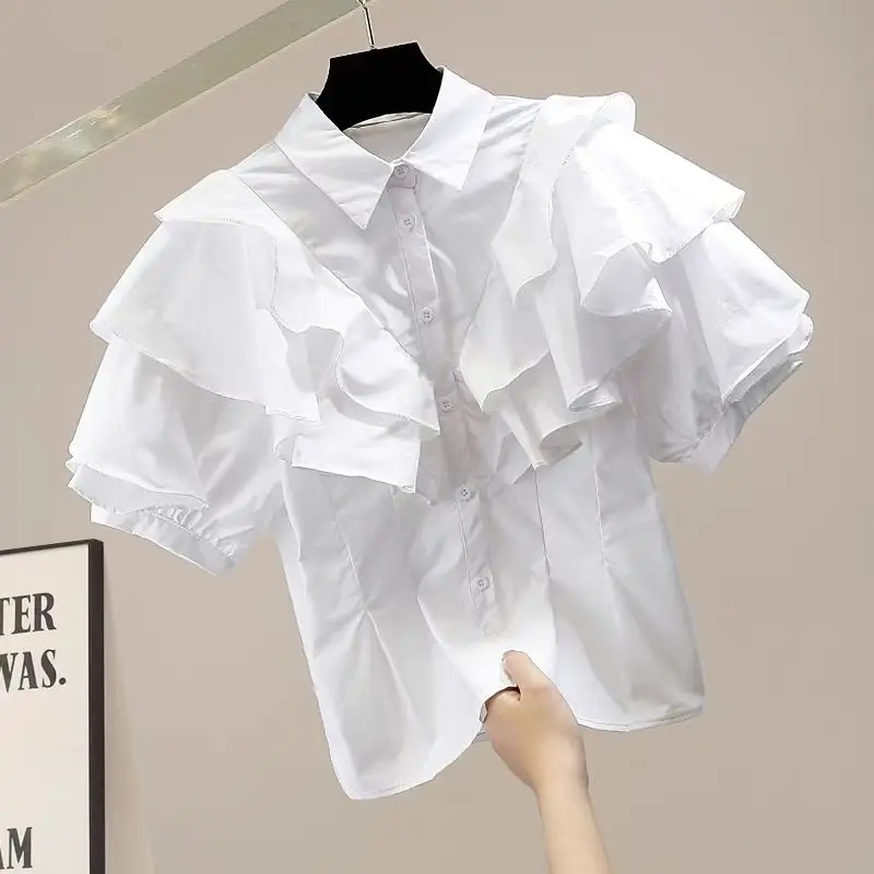 Cotton minority design shirt 2024 new ruffled patchwork western-style shirt with bubble sleeves and short sleeves Joker shirt