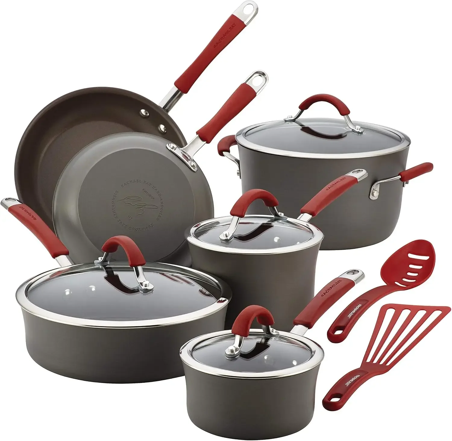 Cucina Hard Anodized Nonstick Cookware Pots and Pans Set, 12 Piece, Gray with Red Handles