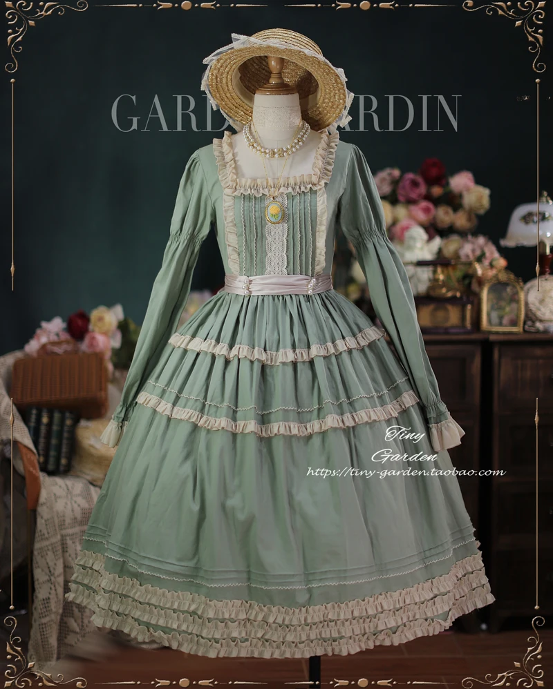 فستان طويل الأكمام للنساء بأكمام منتفخة أنيق لوليتا برقبة مربعة فستان أحمر الزعرور بدون حزام وإكسسوارات