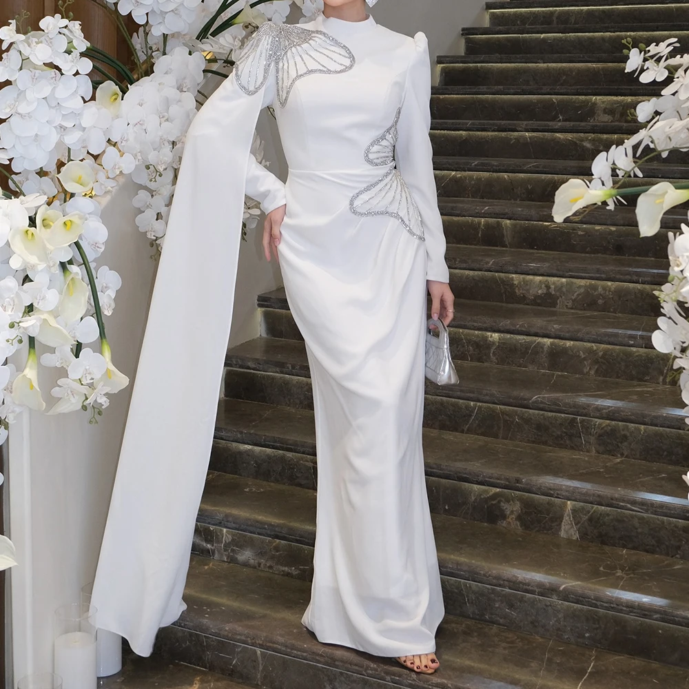 

Customized Straight Evening Dresses Floor-length High-neck Full Sleeve Prom Gown Fashion Crystal Stole Simple Draped Party Gown