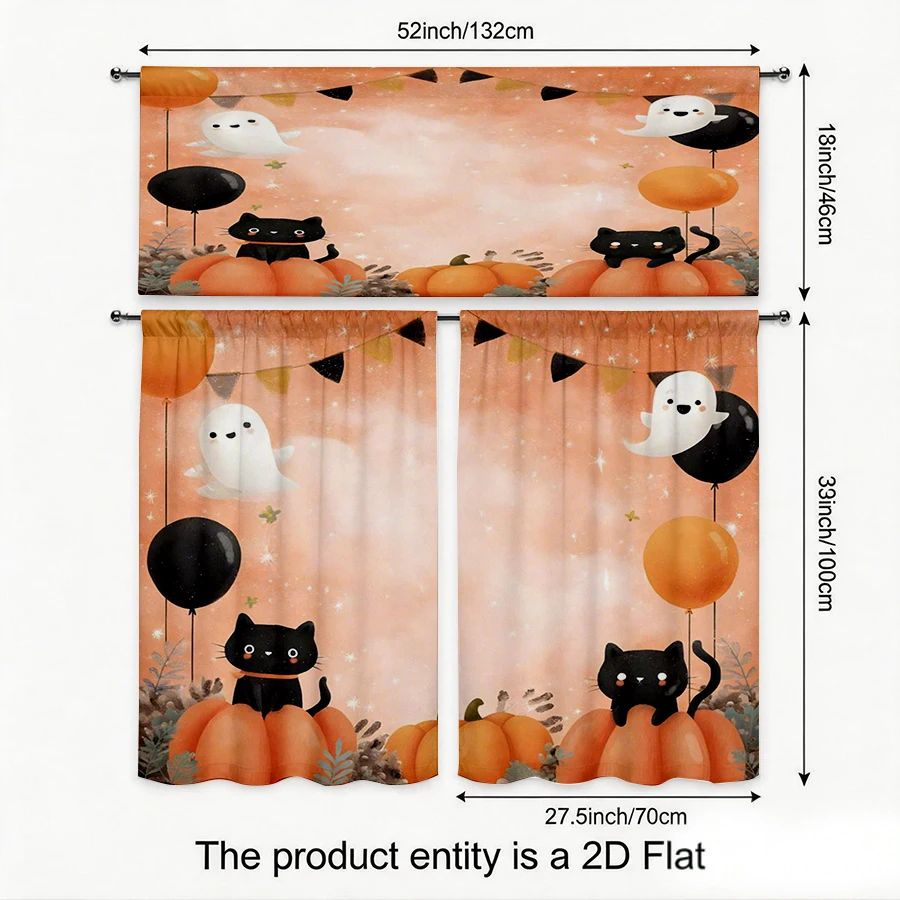 Halloween Fall Kitchen Curtains, Black Cat Ghost Balloon, Digital Print, Kitchen Dining Room, Rod Pocket Polyester, Home Decor