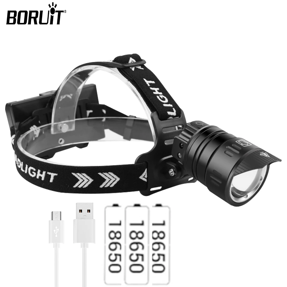 

BORUiT Work LED Headlamp Zoom IR Sensor 18650 Battery Rechargeable Headlight Induction Torch For Fishing Camping Head Flashlight