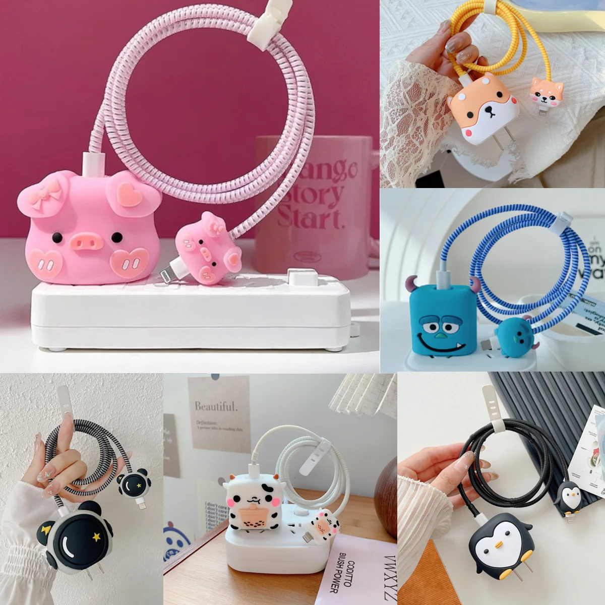 4Pcs/Set Cute 3D Cartoon Cable Protector For iPhone / iPad 18W/20W Charger Case Phone Wire Cord Organizers