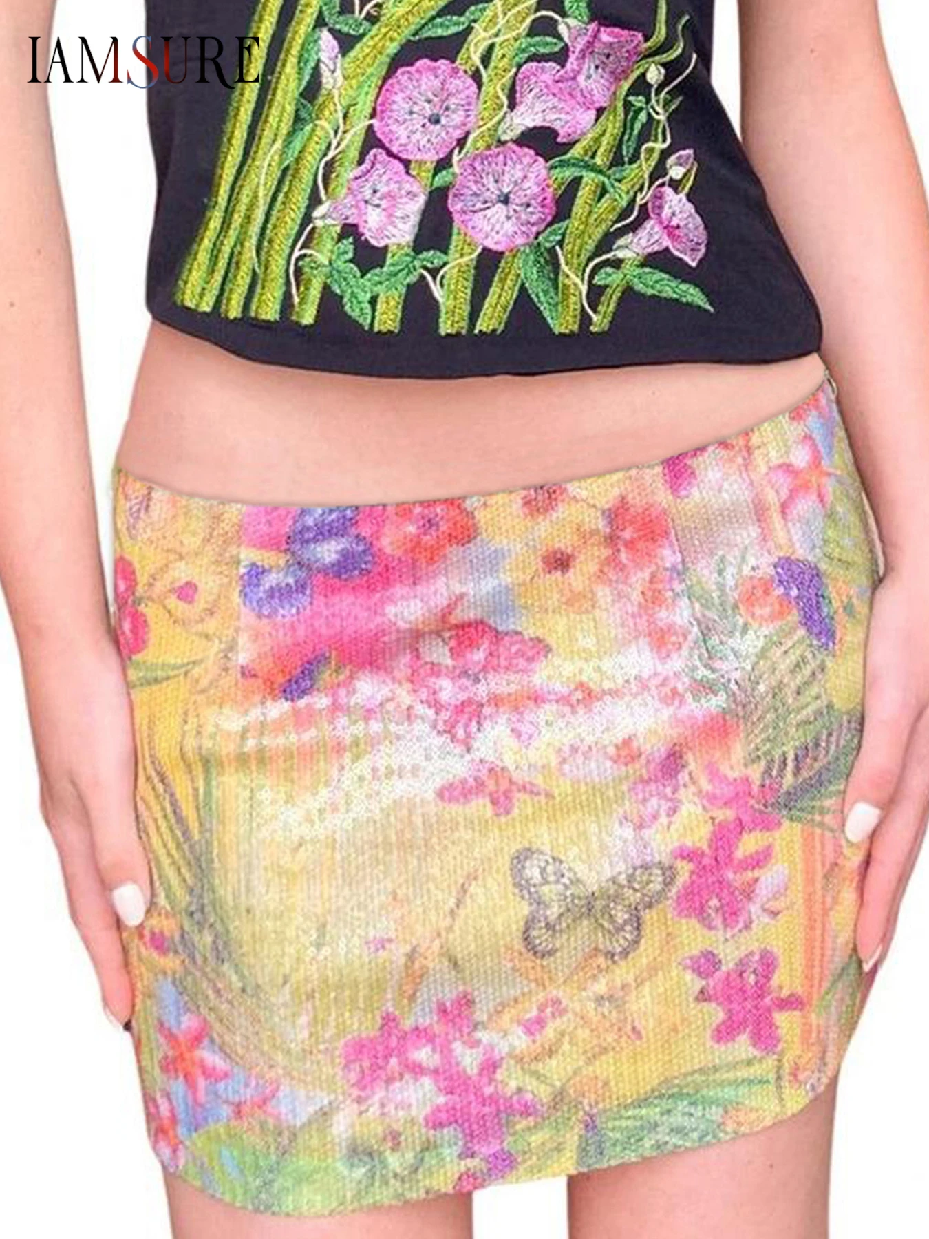 

IAMSURE Sweet Sparkle Glitter Floral Bodycon Dress Sexy Slim Low-Waisted Mini Skirts Women 2025 Summer Fashion Streetwear Lady