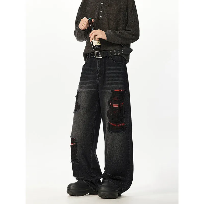 

Waed Denim Jeans Men's Loose Straight Leg Trousers Autumn High Street American Destroy Patch Casual Loose Wide Leg Long Pants