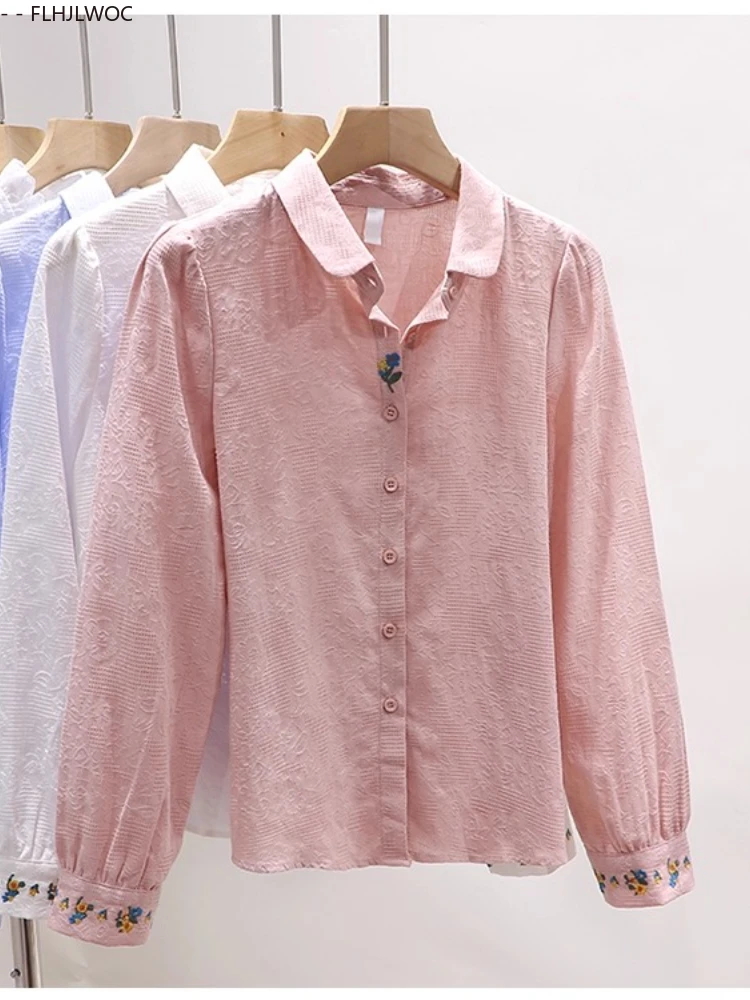 Blusas bordadas de algodão, blusas fofas para meninas, estilo preppy, retrô, vintage, gola peter pan, sólido, azul, rosa, branco, camisas básicas