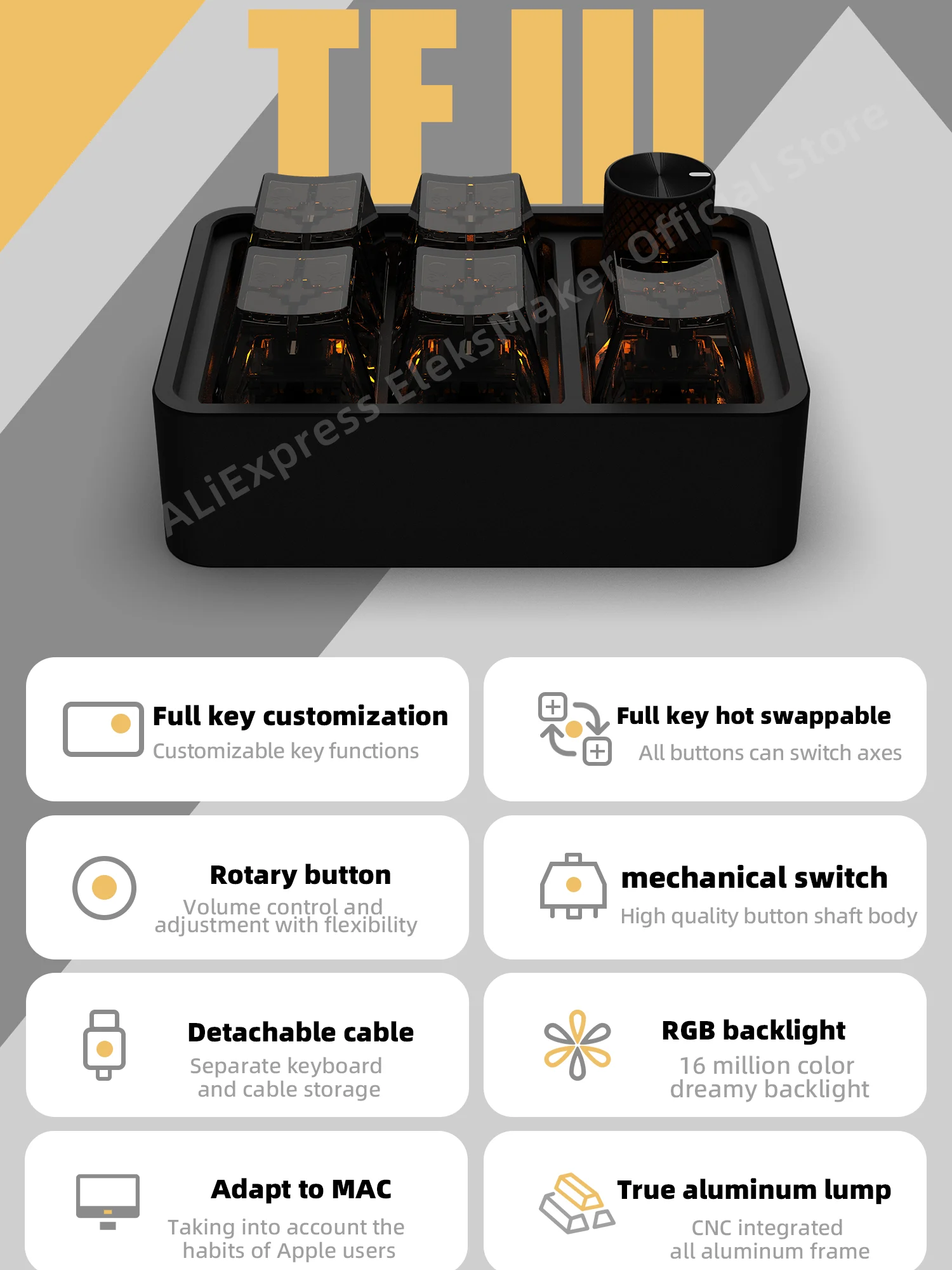 EleksMaker Aluminum Alloy Mechanical Keyboard, 5-Digit Keypad, Volume Adjustment, Boss Key, Programmer Keyboard, Boyfriend Gift