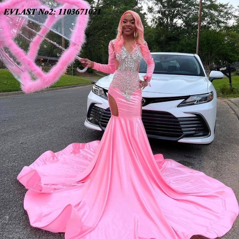 EVLAST Customized Sexy 2025 Pink Mermaid Silver Rhinestones Prom Dress For Black Girl See Thru Evening Dress Sheer Mesh  E2P35