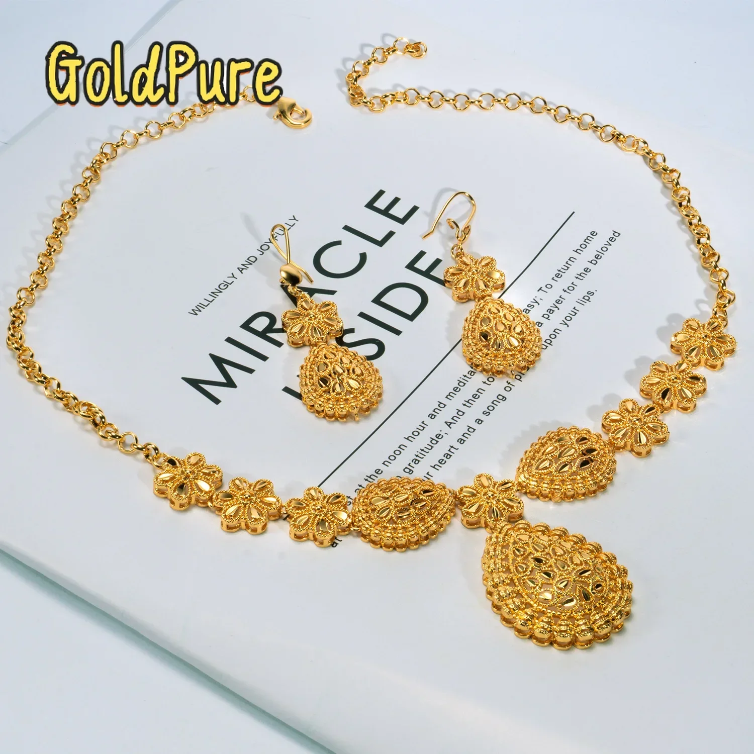 

Золотой комплект украшений Goldpure 9999 24K из настоящего золота: ожерелье и серьги в форме капли, индийский/дубайский стиль, подарочный набор.