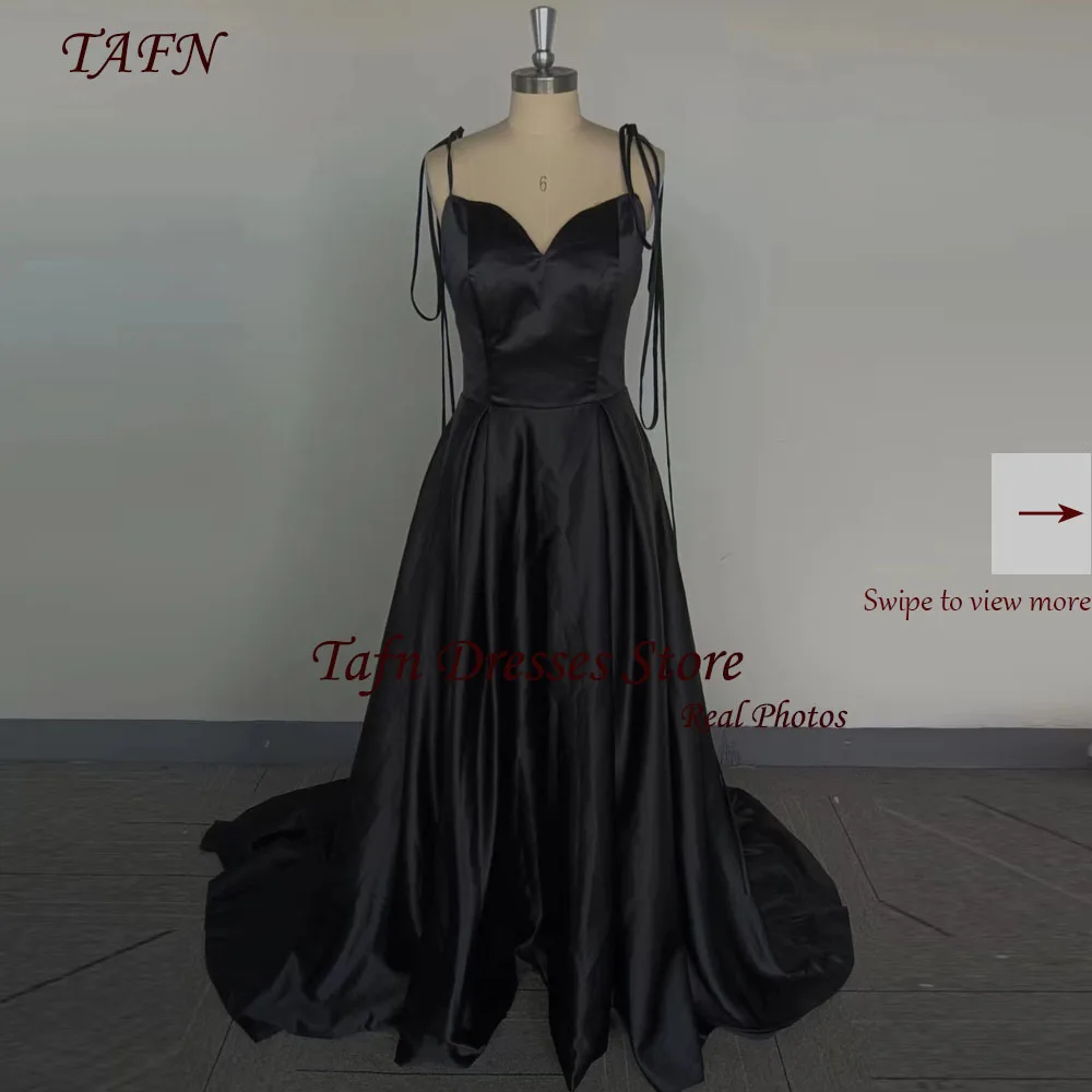 TAFN Real Photos Spaghetti Straps Korea Wedding Dresses A-line Black Floor-Length Satin Sweep Train Bridal Gown Lace-up