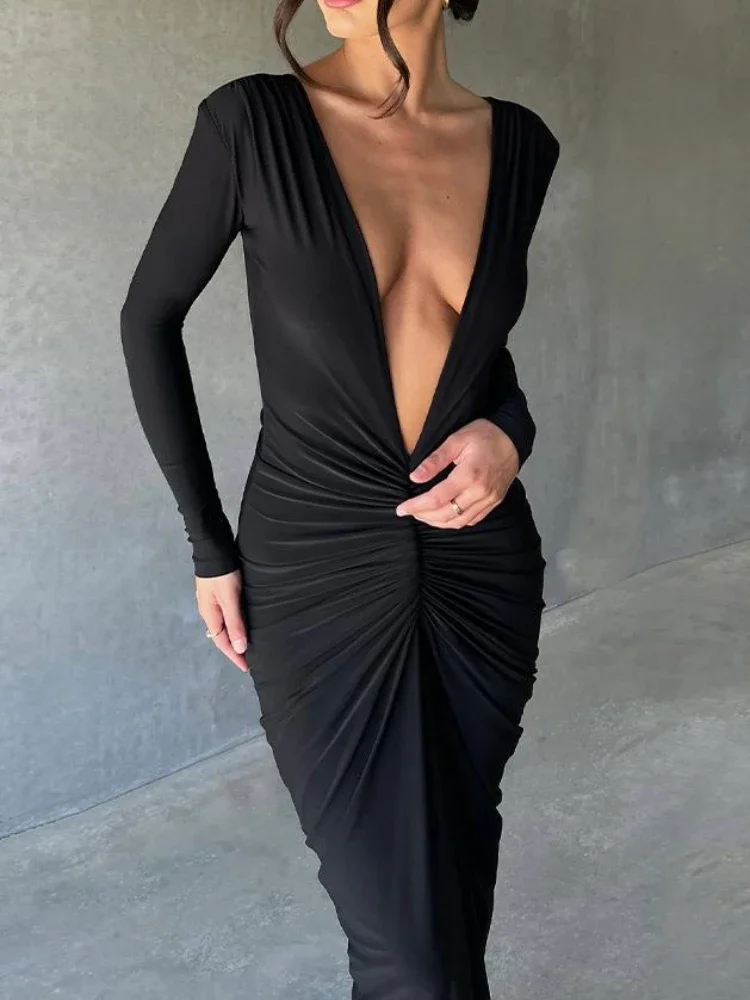 Dwustronna sukienka z głębokim dekoltem V lub głębokim dekoltem V bez pleców Slim Bodycon Maxi Dress Women Skinny Long Dress Elegant Club Party Vestidos — zdjęcie 4