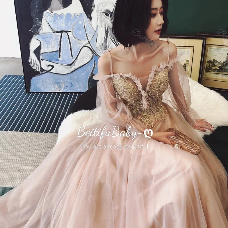 Customized Evening Dress for Women Elegant Off The Shoulder Long Sleeved Palace Style Banquet Ball Gown Prom Dresses Vestidos
