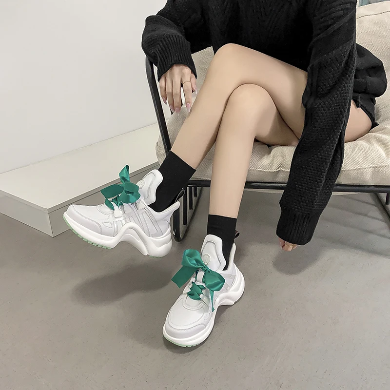 New Bow Ribbon Running Sneakers Women Vulcanize Shoes Woman Height Increasing Breathable Platform Shoes Woman chaussure femme