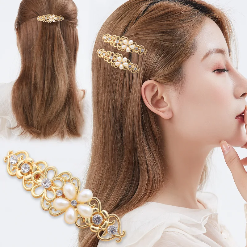 2023 New Japanese and Korean Pearl Flower Spring Hairpin Vintage Side Clip Horizontal Clip Elegant Women\'s Fashion Hairpin