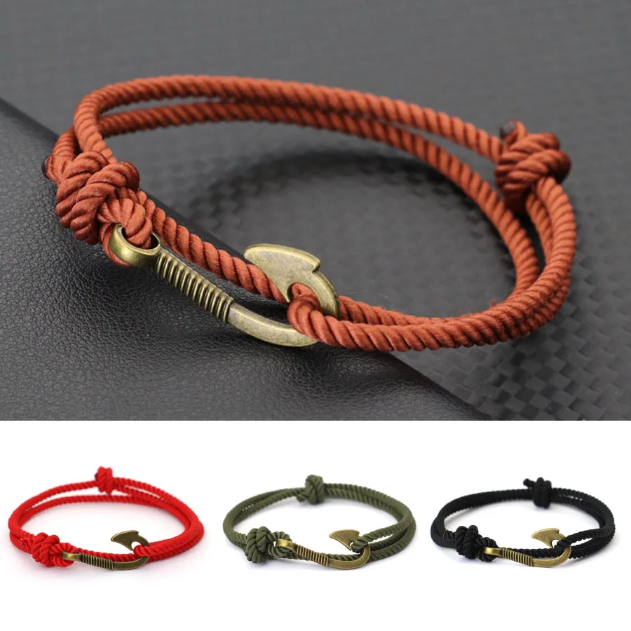 Double Layer Fishhook Bracelet For Men Handmade Adjustable Beach Nautical Surfing Fishing Braslet Outdoor Sports Cycling Braclet