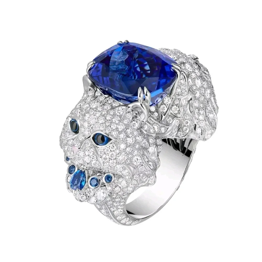 

Luxury Persian Cat Artificial Sapphire Ring Women's 925 Sterling Silver Animal Statement Cocktail Fine Jewelry Valentines Gifts