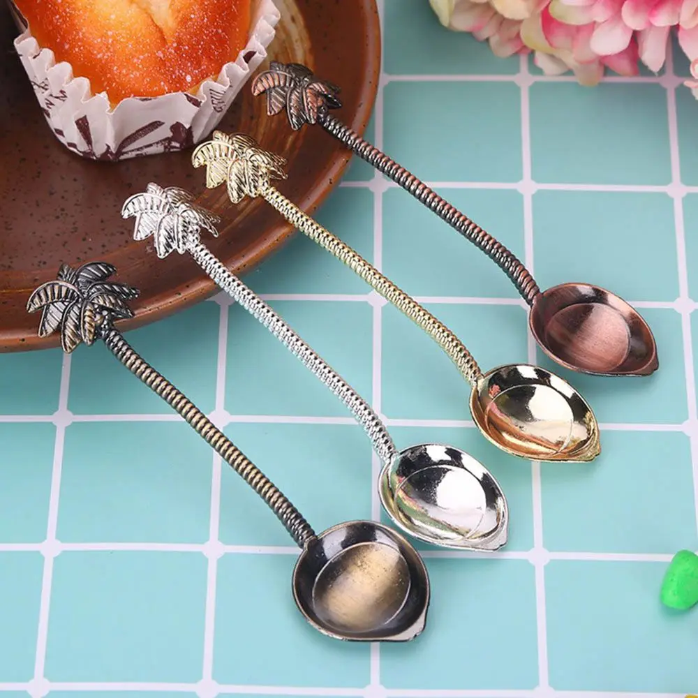 Vintage Coffee Spoon Royal Style Coconut Tree Teaspoon Zine Alloy Dessert Snack Scoop Ice Cream Mini Spoons Kitchen Tools