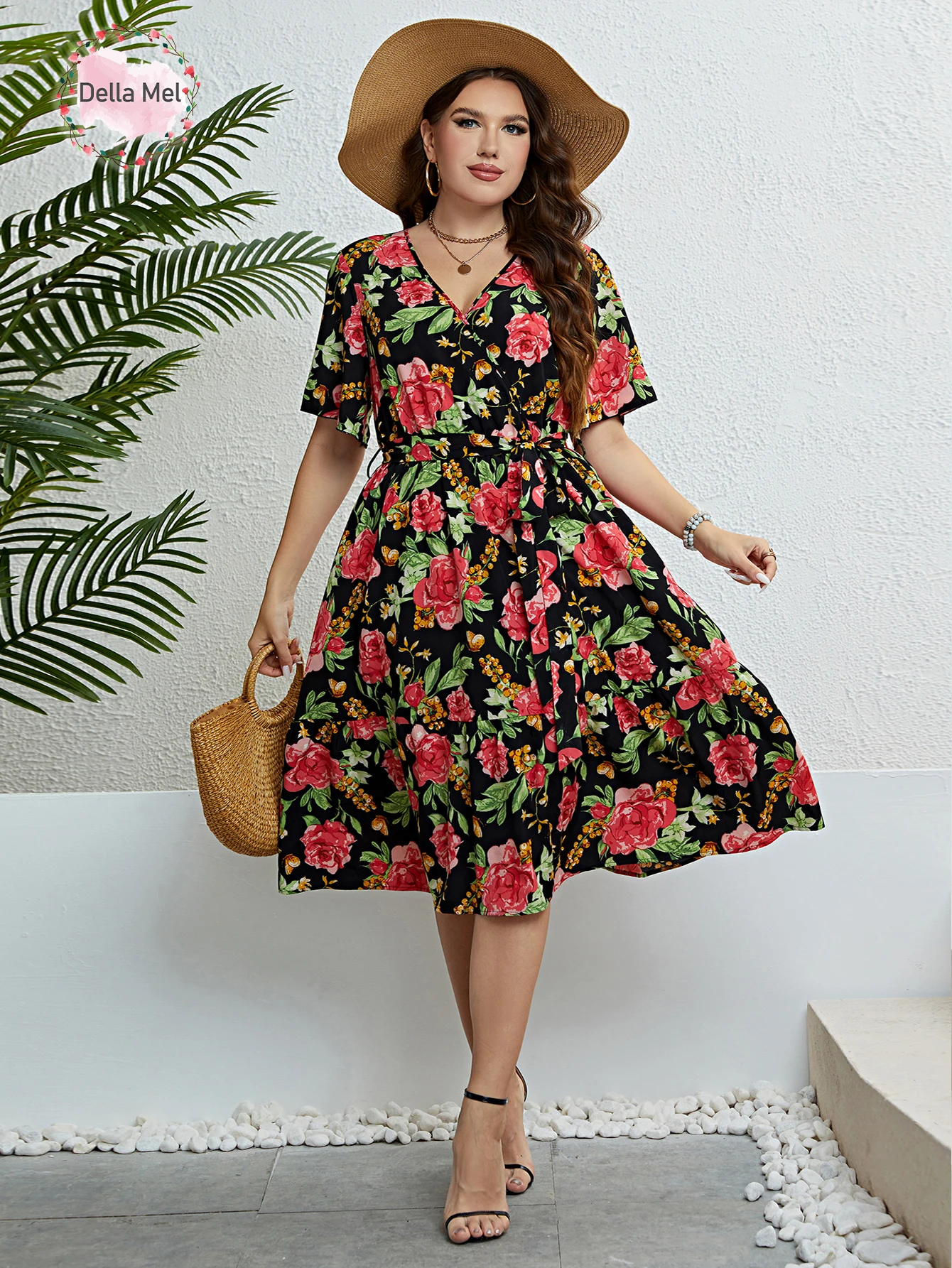 

Della Mel Plus Size Floral Print V-Neck Butterfly Sleeve Belted Dress Women Summer Vacation Boho Beach A-line Midi Dresses 2023