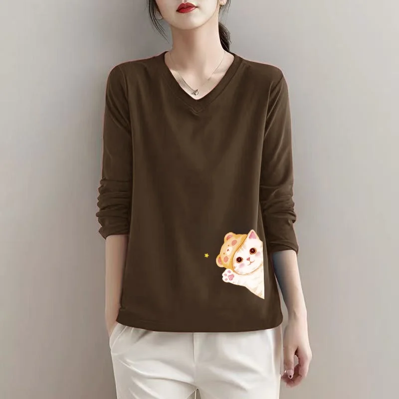 

Женская повседневная хлопковая футболка больших размеров с длинным рукавом и V-образным вырезом, свободного кроя, универсальная, для похудения, базовый слой, весна-осень, новинка