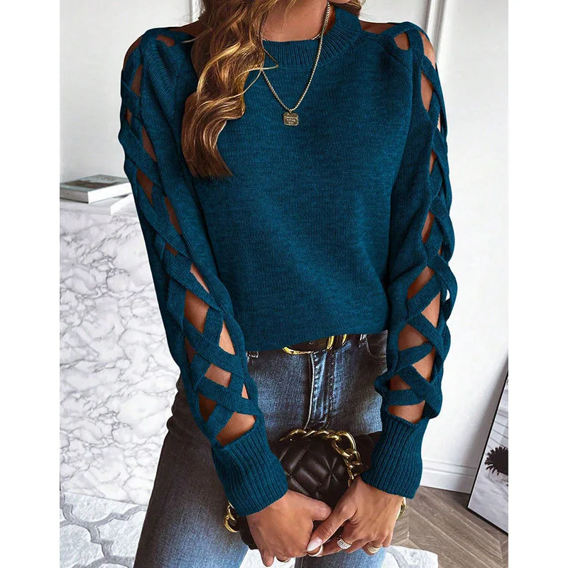 

2025 New Fashion Off-shoulder Sweater Women Autumn Casual Loose Solid Color Hollow Round Neck Long-sleeved Top For Women