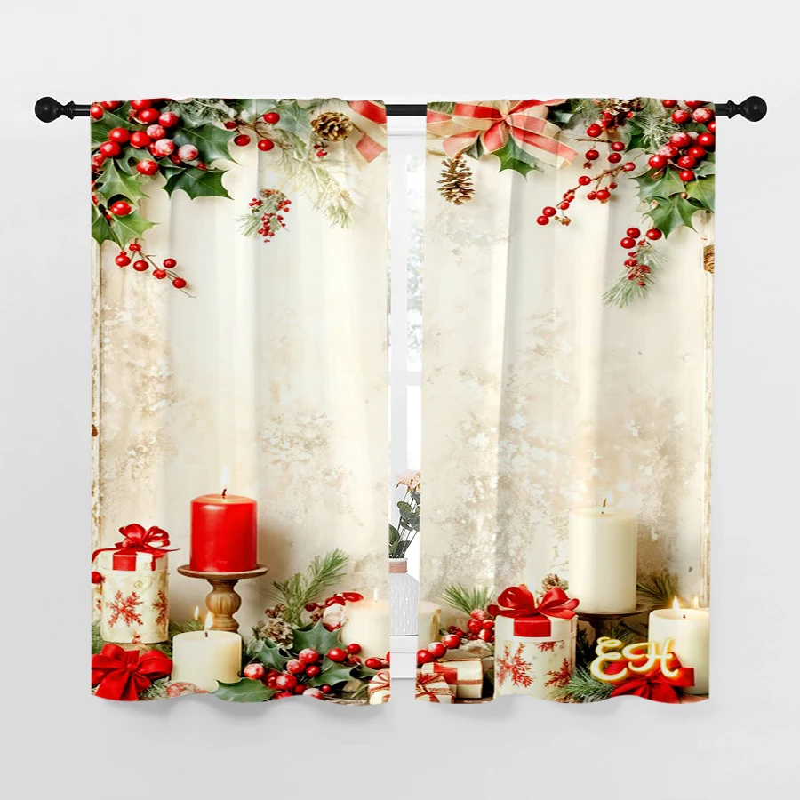 2PCS Christmas Winter Curtains, Candle Red Berry Pine Branch, Digital Print, Bedroom Living Room, Home Decor Window Drapes