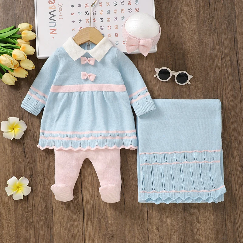 Newborn Baby Girl Sweater Blanket Knit Infant Warm Long Sleeve Pullover Pants Quilt Headdress 4pcs Toddler Kid Clothes Set 0-9M