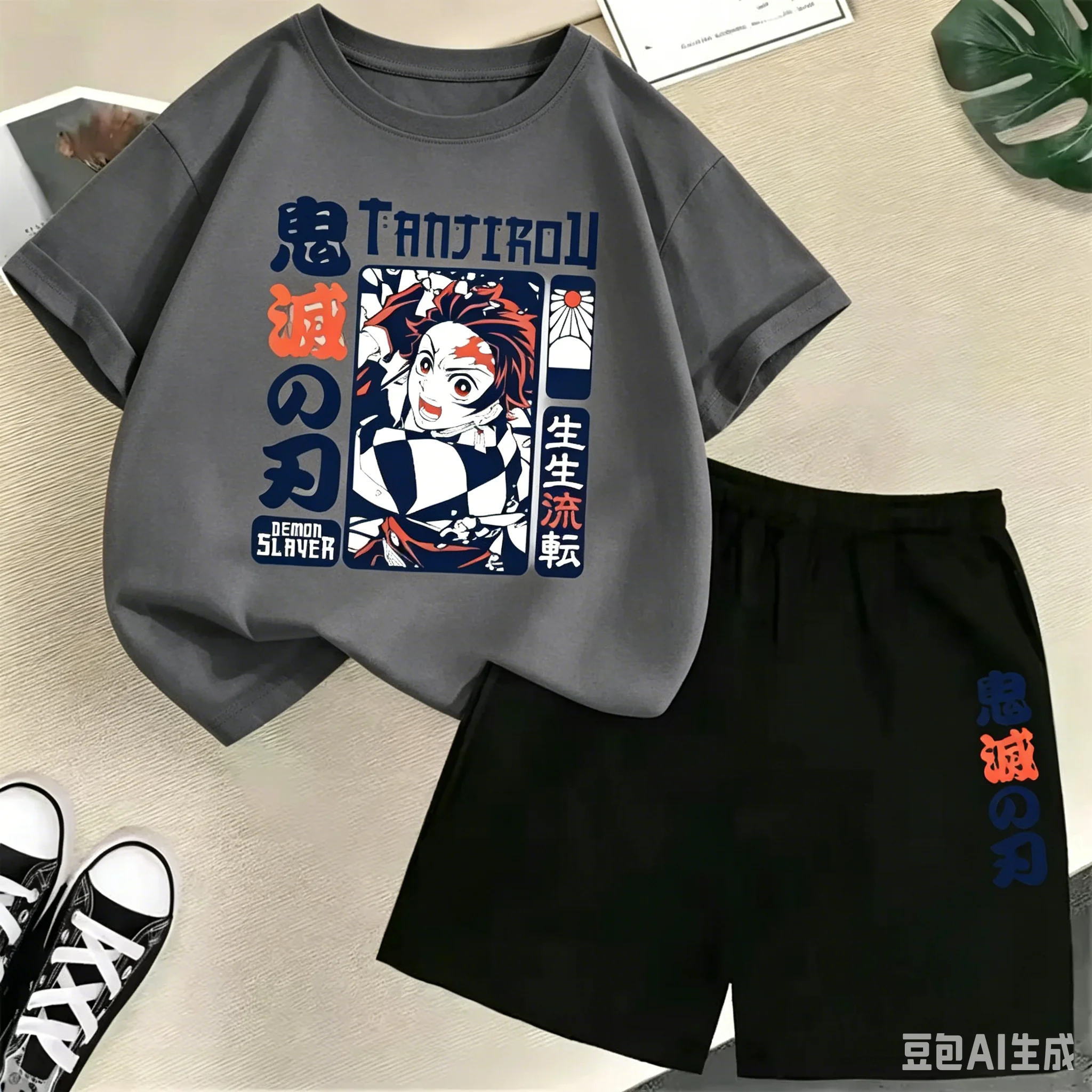 Boyshort Underwear - ชุดเสื้อยืดเด็กผ้าฝ้ายใหม่สำหรับฤดูร้อนของ Bandai ลายอนิเมะดาบพิฆาตอสูร ทันจิโร่ กางเกงขาสั้นเด็ก ชุดลำลองสำหรับเล่นกีฬา
