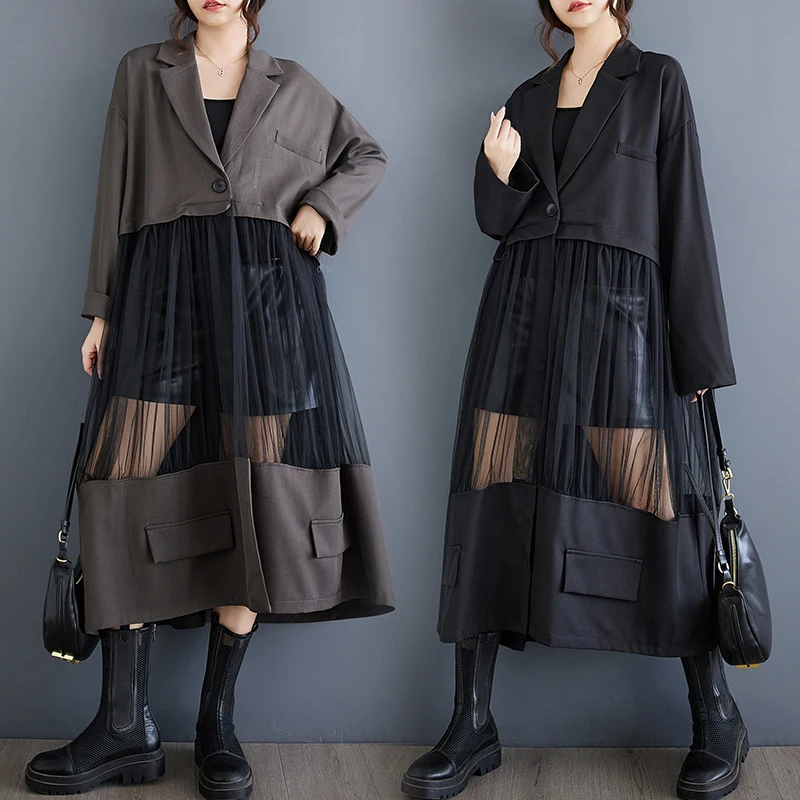 

Faionable Spliced Me Hollow out Suit Dr Cardigan Long Outerwear Autumn New Arrival Leisure Sle Small ence Design...