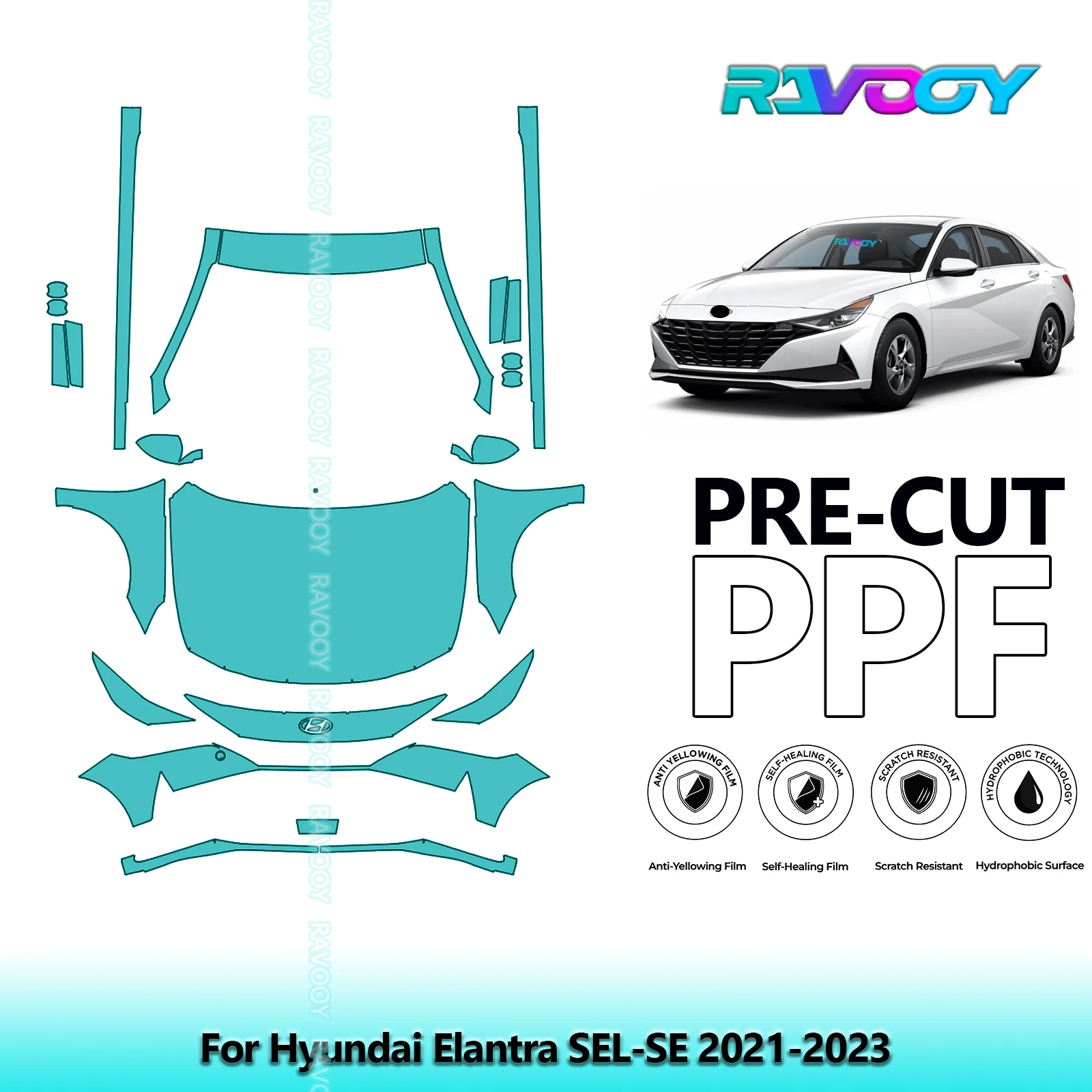

8.5Mil Precut Paint Protection Film PPF Clear Bra Front Kit+Rockers For Hyundai Elantra SEL-SE 2021-2023